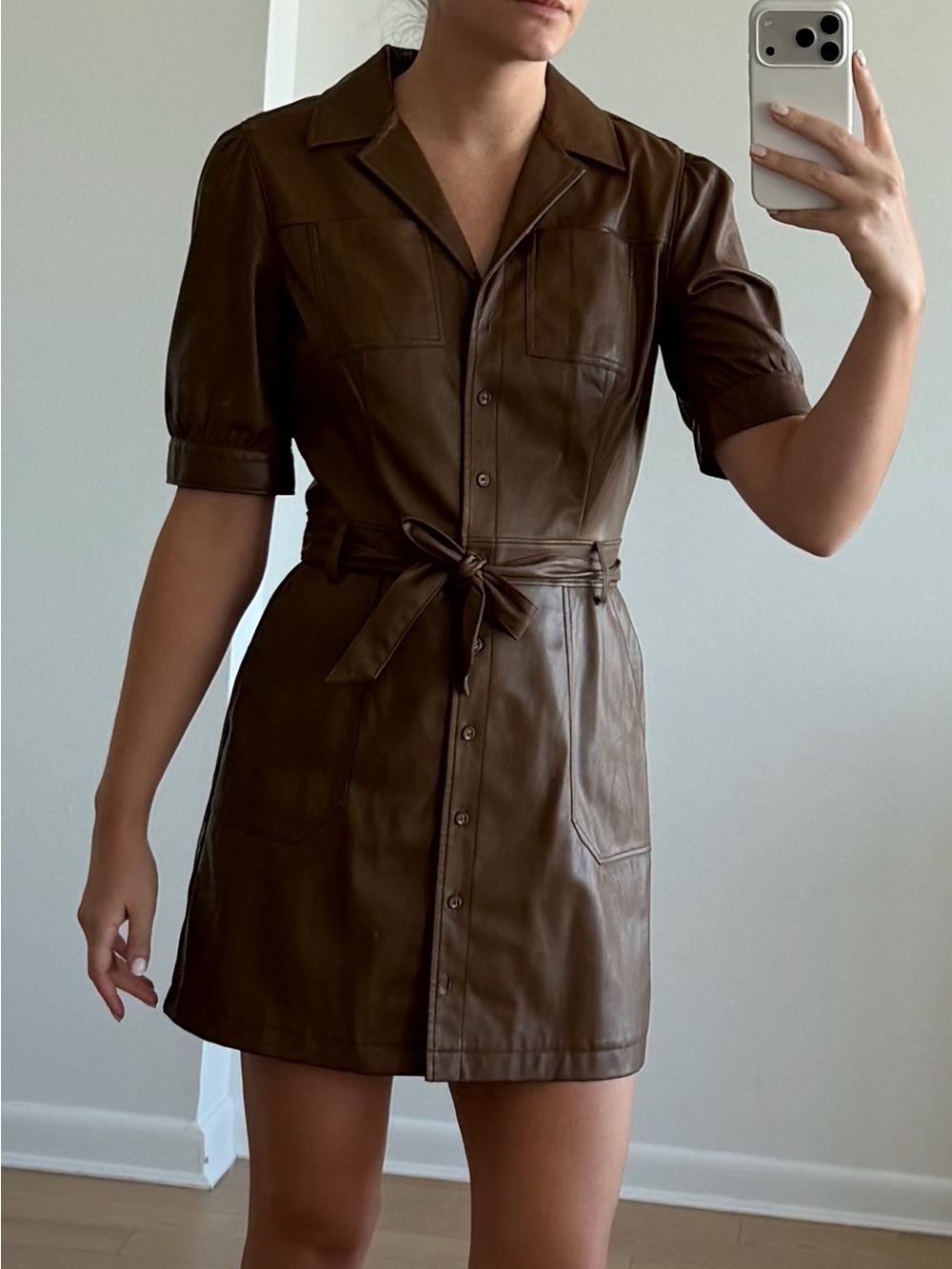 PAIGE Brown Faux Leather Mini Shirt Dress